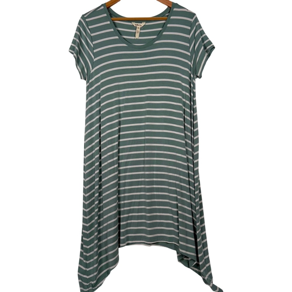 Matilda Jane Sage Green White Striped Sharkbite Hem dress Short‎ Sleeve Medium